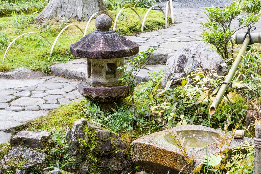 Kinkaku-jin temppelin eli Kultaisen paviljongin puutarhasta yksityiskohtia Kiotossa Japanissa