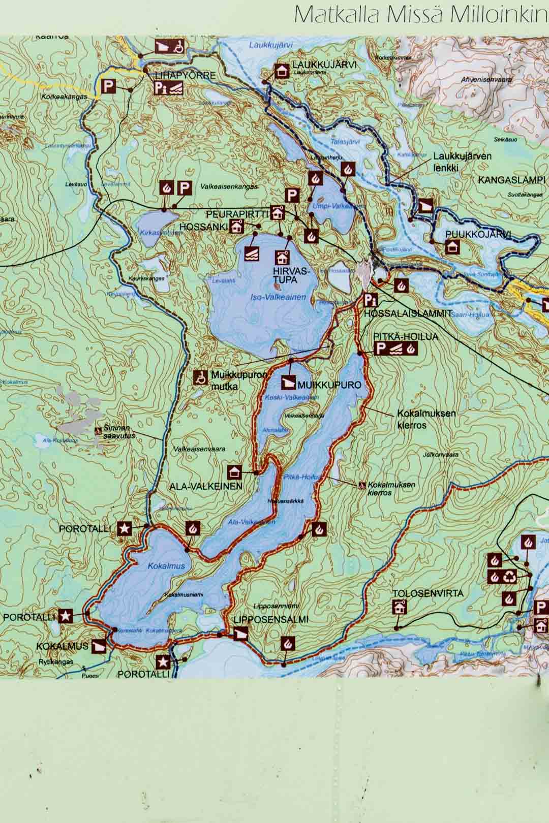 Hossan kansallispuisto kartta, Laukkujärven lenkki, Kokalmuksen kierros