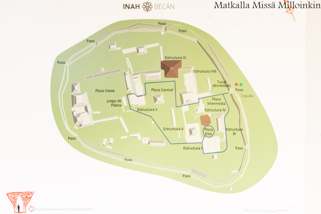 Becan, maya-kaupunki kartta, Meksiko